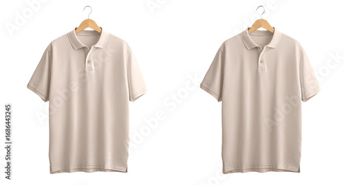 Two identical light beige polo shirts on wooden hangers
