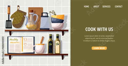 Rustic wooden shelves display assorted ceramic and wooden kitchenware. Grater, jug with olive oil, cutting board and plates on wooden shelf. Website template.