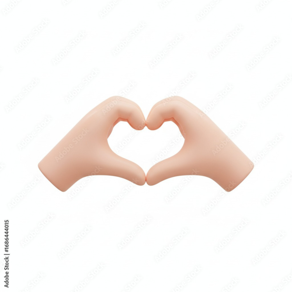 Fototapeta premium Two realistic 3D hands forming a heart shape gesture against a white background. 