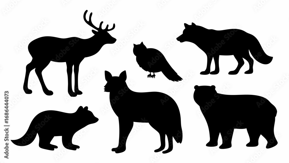 Fototapeta premium Silhouette depiction featuring a deer, owl, raccoon, wolf, bear, and coyote in black color