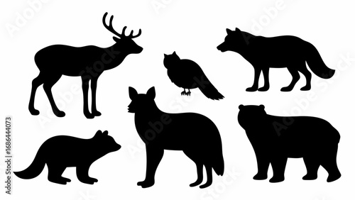 Silhouette depiction featuring a deer, owl, raccoon, wolf, bear, and coyote in black color