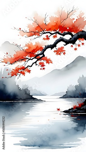 Watercolor painting of autumn leaves over a misty lake and mountain landscape scene