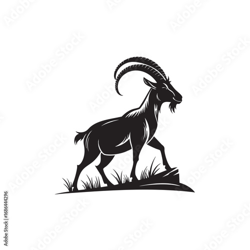 Side view silhouette of a goat with prominent horns in vector format