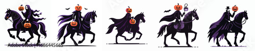 Headless Horseman Pumpkin Rider on Dark Horse Halloween Vector Illustration
