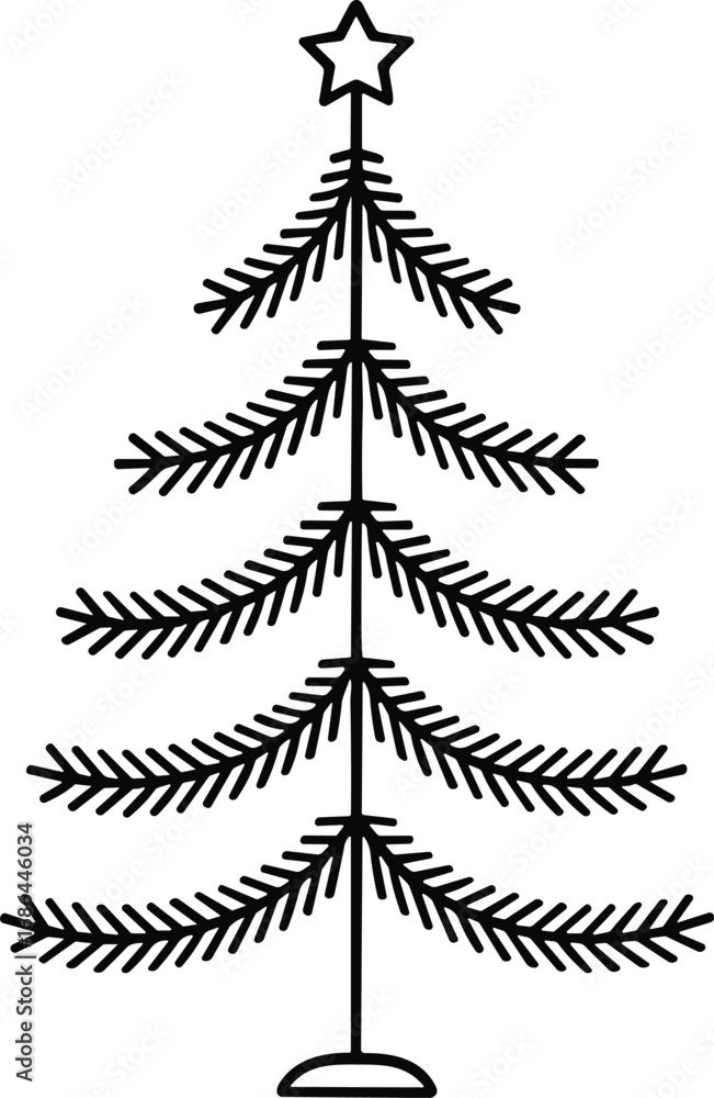 Obraz premium Minimal Christmas Tree Line Art Vector with Star Decoration