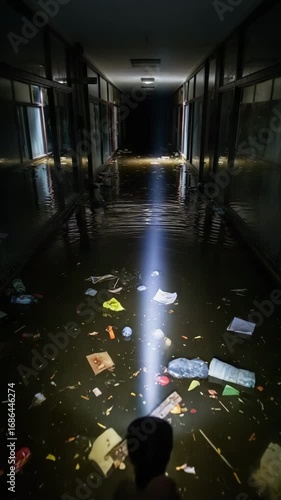 Flooded shopping center interior with debris and flashlight beam  