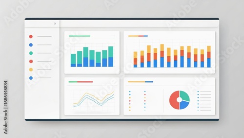 Digital dashboard displaying various colorful charts and graphs for data analysis and visualization.