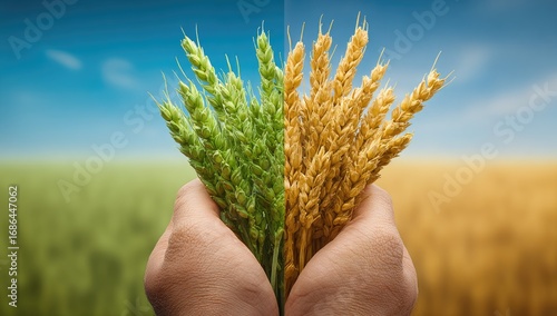 Hands holding wheat, green and golden, against contrasting fields