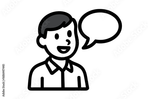 Man talking icon with speech bubble. Simple vector for communication, conversation, message, dialog, chat. Person speaking symbol for customer service, support, testimonial, presentation.