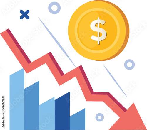 Flat Vector of Falling Stock Price With Dollar Coin