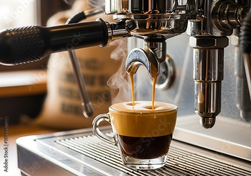 Freshly Brewed Coffee Extraction Aromatic Espresso Pouring into a Glass