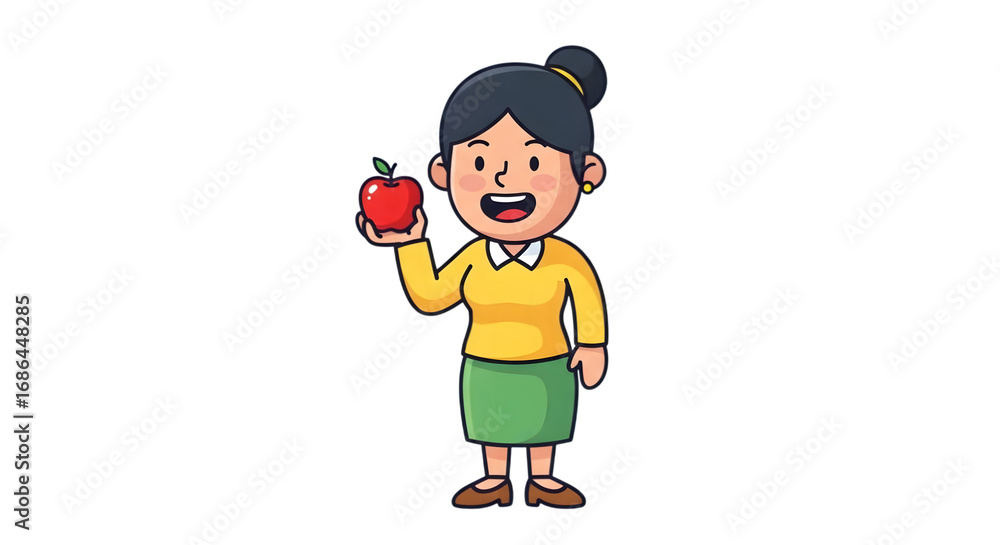 Obraz premium A friendly cartoon woman enthusiastically promotes healthy eating habits by holding a fresh, vibrant apple, symbolizing good nutrition and wellness in an engaging illustration