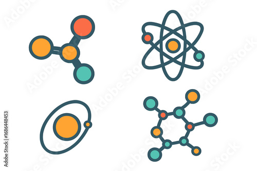 Science icon set with atom, molecule, and chemical compound structures. Vector illustration for chemistry, physics, education, and research. Atomic model with nucleus and electrons.