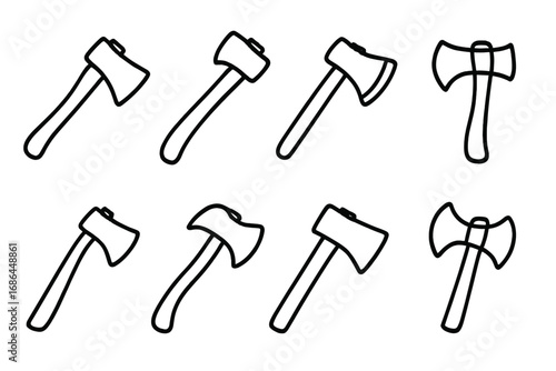 Axe line icon set. Various hatchet, tomahawk and battle axe collection. Minimalist linear pictogram for web, graphic design. Woodworking, lumberjack or camping tool vector symbol.
