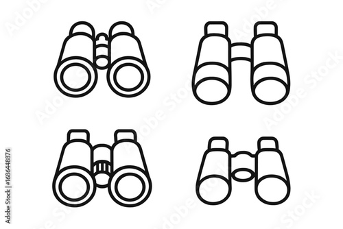 Binocular line icon set. Outline graphic symbols of vision, search, exploration, discovery, and observation. Vector pictogram collection for business strategy, travel, web design.