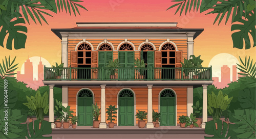An illustration of a two-story building with a balcony, surrounded by lush greenery and a sunset.