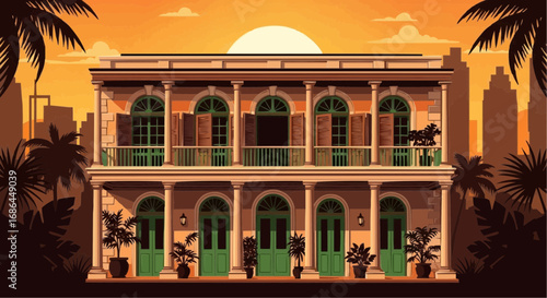 Illustration of a two-story building with balconies and green doors at sunset.