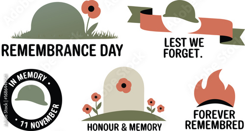 Remembrance Day Vectors Featuring Poppies, Helmets, Tombstone, Flame, and Sentiments of Remembrance and Memory