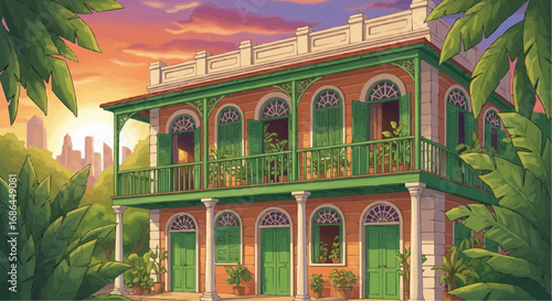 A colorful, detailed illustration of a historic, multi-story building with a veranda, set against a backdrop of tropical foliage and a cityscape.