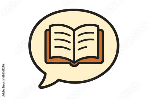 Book in speech bubble vector icon. Concept for storytelling, communication, audiobook, education, learning, and knowledge. Symbol for discussion, book club, review, library.