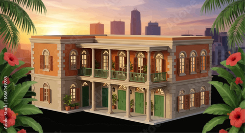 A 3D model of a classic New Orleans style building at sunset.