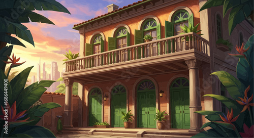 A two-story building with a balcony, situated in a tropical setting, with a modern city skyline in the background.