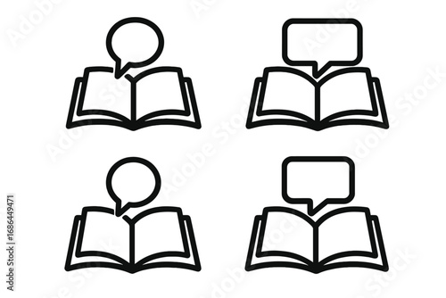 Book with speech bubble outline icon set. Audiobook, reading, and storytelling concept. Vector logo for library, education, or communication app. Dialog and knowledge symbol.