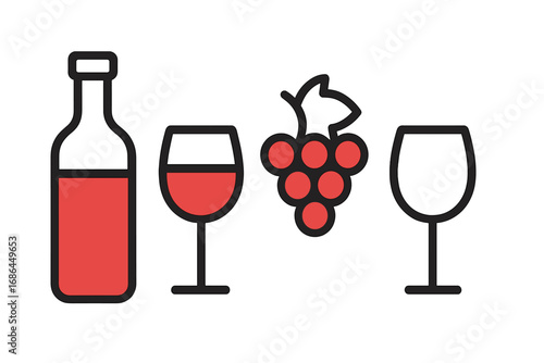 Red wine icon set with bottle, full glass, empty glass and grapes. Vector line art illustration for winery menu, bar, restaurant, or wine tasting event. Alcohol beverage concept.
