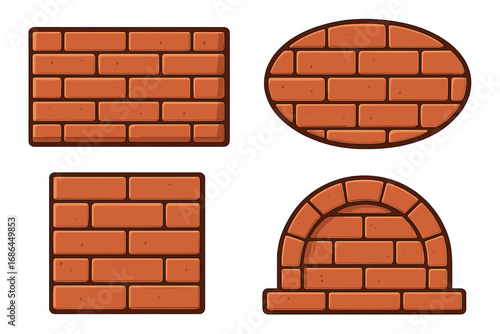 Brick wall elements set in flat cartoon style. Vector illustration of masonry construction icons. Different shapes including rectangle, oval, arch, and square for game graphics.