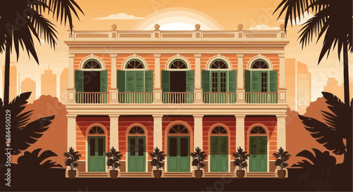 A vector illustration of a two-story colonial-style building with green shutters and columns, set against a sunset city skyline with palm trees.