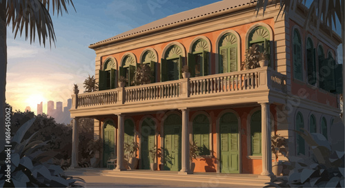 A grand colonial-style villa with arched windows and shutters, bathed in the warm glow of a setting sun.