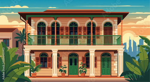 A charming two-story building with arched windows, green shutters, and balconies, set against a warm-toned sky with distant city silhouettes and lush tropical foliage.