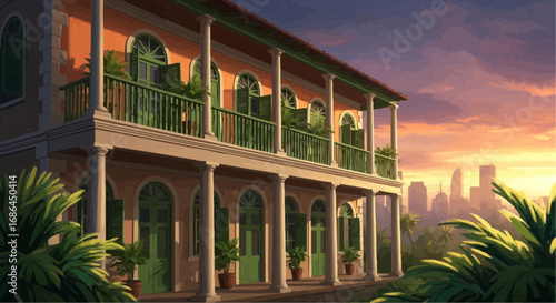 An artistic depiction of a two-story building with a balcony, set against a sunset backdrop.