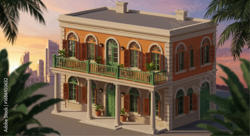 A charming two-story building with balconies and shutters, in a tropical setting.