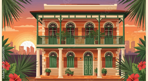 A vibrant vector illustration of a two-story colonial-style building with green shutters and balconies, set against a city skyline at sunset with tropical foliage.