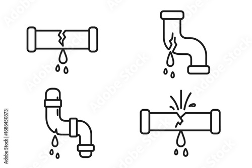 Broken pipe line icon set. Leaking water from pipeline. Burst pipes and plumbing problems concept. Water leakage, damage, and repair service. Outline vector illustration for web.