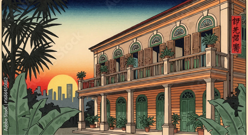 A colonial-style building with a balcony and shutters, set against a tropical sunset with palm trees and lush foliage.