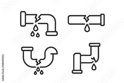 Broken pipes line icon set. Leaking water pipe, plumbing problem, burst pipeline, drain damage vector illustration. Outline pictogram for water leak, emergency repair concept.