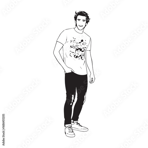 Handsome Man Black and White Illustration Vector Image Male Portrait Fashion Sketch Line Art Design