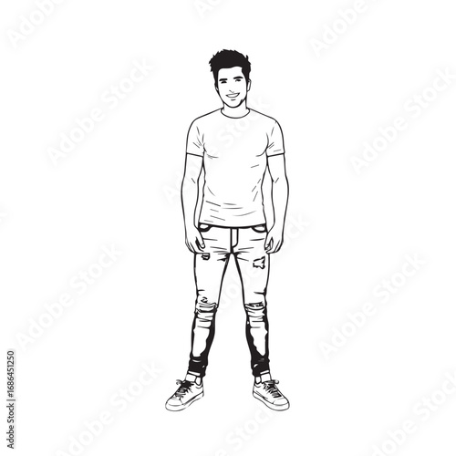 Handsome Man Black and White Illustration Vector Image Male Portrait Fashion Sketch Line Art Design