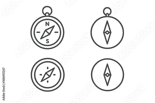 Compass line icon set for navigation and direction. Simple vector symbols for travel, exploration, and guidance. Minimal outline design of a magnetic compass rose.