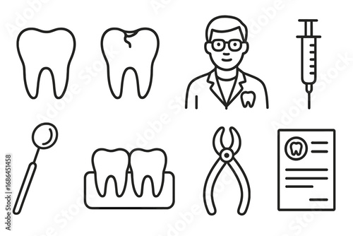 Dental care line icons set. Dentistry and stomatology symbols. Tooth with caries, dentist, clinic, syringe, forceps, mirror, chart. Oral health and hygiene vector pictograms.