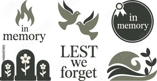 Remembrance Graphics Collection In Memory, Doves, Flame, Tombstones, Lest We Forget, and Waves Illustration