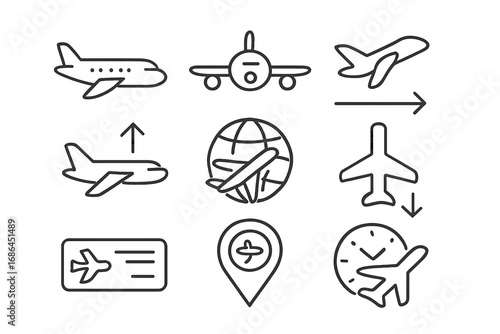Airplane line icon pack. Aviation and travel symbols set. Includes flight, takeoff, landing, airport location, boarding pass, destination, and flight time vector icons.