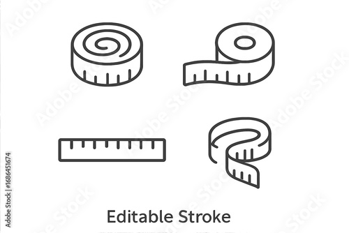 Measuring tape vector icon set. Simple outline collection. Tailor meter for sewing, craft, fitness, diet, body measurement. Ruler, size, dimension symbols. Editable stroke.
