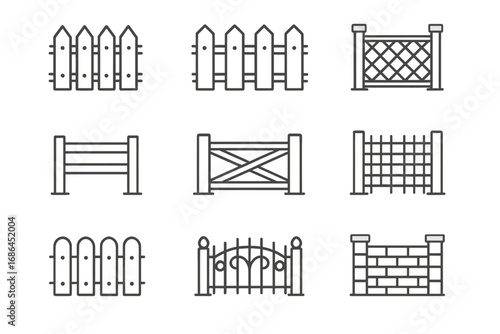 Fence outline icon set. A collection of various fence and gate symbols. Wooden picket, farm barrier, metal grid, and brick wall. Vector line art for security or boundary.