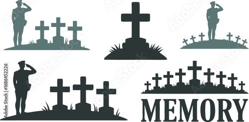 Silhouetted Soldiers and Gravestones Honoring Memory, Remembrance, and Memorial Day Symbolism with Graveside Tribute