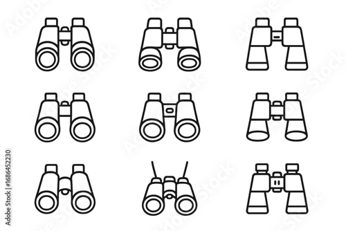 Binocular line icon set. Outline symbols for vision, search, and exploration. Simple linear pictograms for discovery, observation, business strategy, and finding future goals.