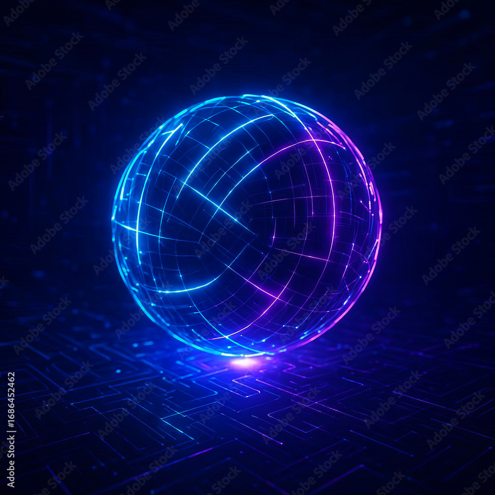 Fototapeta premium Futuristic glowing cyber sphere 3D sci-fi digital abstract background