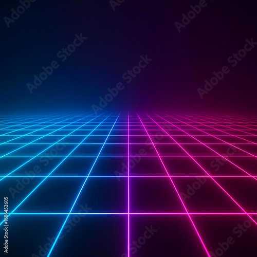  Futuristic neon grid floor perspective glowing 3D digital background
